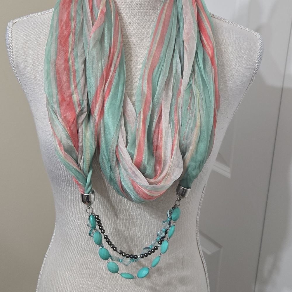 Dress Barn Jewelry Striped Scarf with Turquiose & Pewter Beaded Necklace